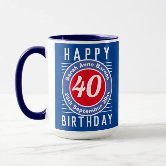 40e Verjaardag Mok met Leeftijd, Naam, & Datum (Links)