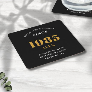 40e Verjaardag Naam 1985 Zwart Goud Elegant Chic Vierkante Kartonnen Onderzetter