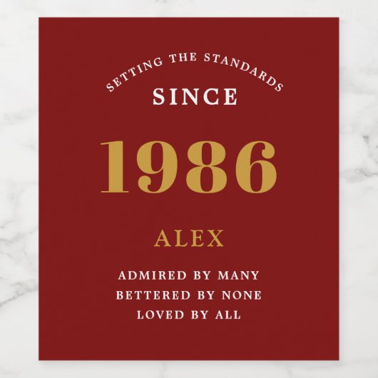 40e Verjaardag Naam 1986 Rood Goud Elegant Chic Wijn Etiket (Enkel label)