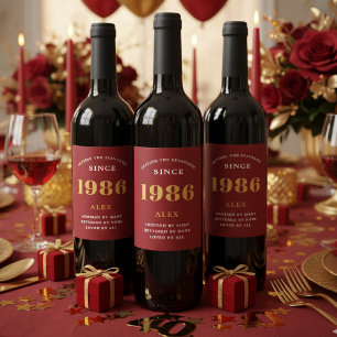40e Verjaardag Naam 1986 Rood Goud Elegant Chic Wijn Etiket