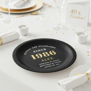 40e Verjaardag Naam 1986 Zwart Goud Elegant Chic Papieren Bordje