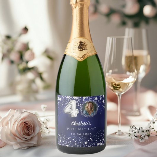 40e verjaardag navy blauw zilveren sterren foto sparkling wijnetiket