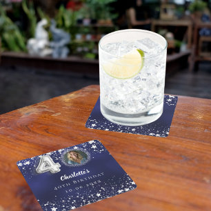 40e verjaardag navy blauw zilveren sterren foto vierkante kartonnen onderzetter