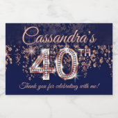 40e verjaardag Navy Blue Roos Gold Glitter Cascade Sparkling Wijnetiket (Enkel label)