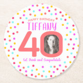 40e verjaardag op maat van foto kleurrijk koraal ronde kartonnen onderzetter (Voorkant)