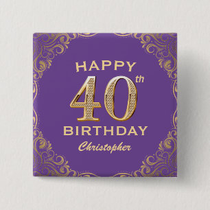 40e verjaardag Paars en goudglitter Lijst Vierkante Button 5,1 Cm
