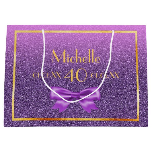 40e verjaardag paarse roze glitter naam large cadeauzakje (Voorkant)