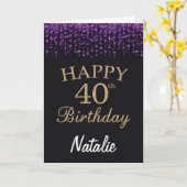 40e Verjaardag Paarse Zwart en Goud Glitter Kaart (Gele Bloem)
