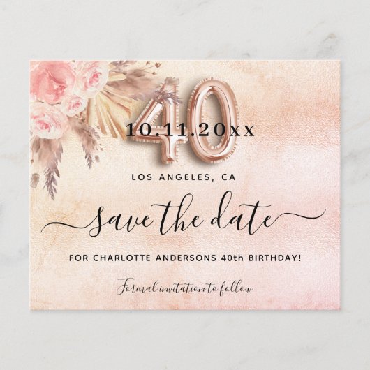 40e verjaardag pampas roos budget save the date flyer (Voorkant)