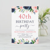 40e Verjaardag Party Navy Blauw Blush Roze Bloemen Kaart (Staand voorkant)
