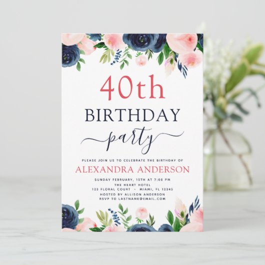 40e Verjaardag Party Navy Blauw Blush Roze Bloemen Kaart (Staand voorkant)