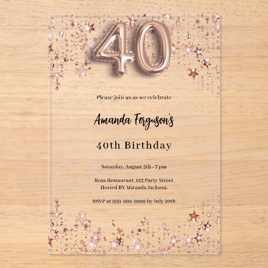 40e verjaardag roos Gold Stars Clear Party Acryl Uitnodigingen (Voorkant)
