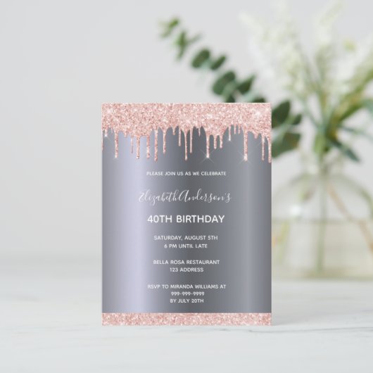 40e verjaardag roos goud glitter drips uitnodiging (Staand voorkant)