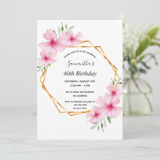 40e verjaardag roze bloemen goud geometrisch kaart (Staand voorkant)
