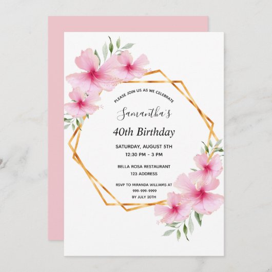 40e verjaardag roze bloemen goud geometrisch kaart (Voorkant / Achterkant)