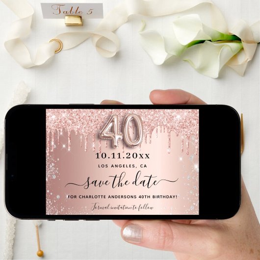 40e verjaardag roze goud zilver glitterspetters save the date