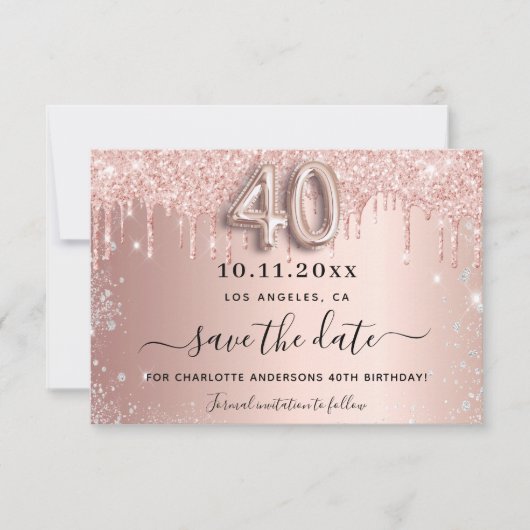 40e verjaardag roze goud zilver glitterspetters save the date (Voorkant)