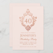 40e Verjaardag Roze Rose Goud  Crest Script Kaart (Voorkant / Achterkant)