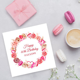 40e Verjaardag Roze Rose Swirly Heart Valentijns's Servet