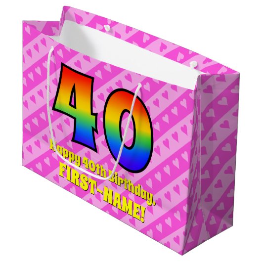 40e verjaardag: roze strepen & harten, regenboog # groot cadeauzakje (Voorkant Gekanteld)