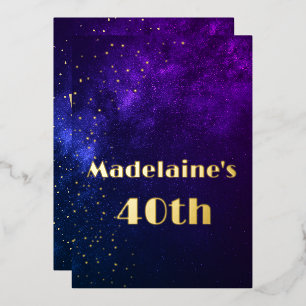 40e verjaardag "Sky Astral Gold Stars Paars" Folie Uitnodiging