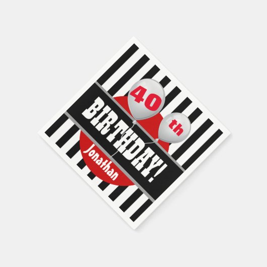 40e verjaardag strepen en ballon ZWART ROOD A07 Servetten (Hoek)