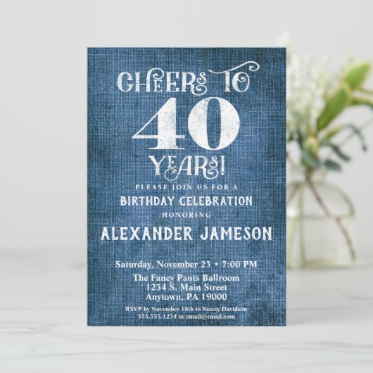 40e verjaardag Uitnodiging Blue Linen Rustic Cheer (Staand voorkant)