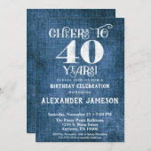 40e verjaardag Uitnodiging Blue Linen Rustic Cheer (Voorkant / Achterkant)