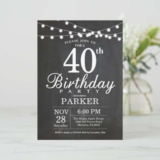 40e Verjaardag Uitnodiging Chalkboard String Light (Staand voorkant)