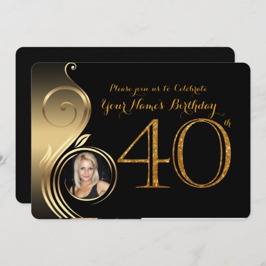 40e verjaardag uitnodiging, nummer glitter goud, f kaart (Voorkant / Achterkant)