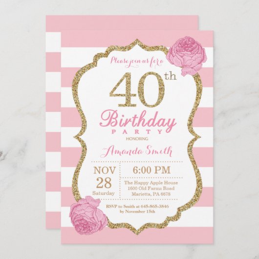 40e verjaardag uitnodiging roze en goudbloem (Voorkant / Achterkant)
