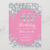 40e verjaardag uitnodiging roze en zilveren diaman (Voorkant / Achterkant)