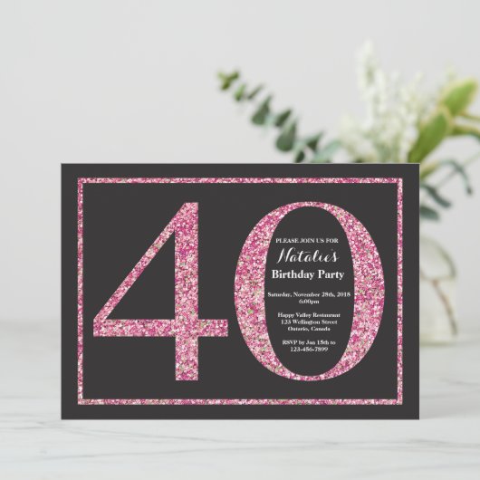 40e verjaardag uitnodiging roze glitter krijtbord (Staand voorkant)