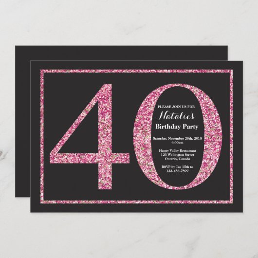 40e verjaardag uitnodiging roze glitter krijtbord (Voorkant / Achterkant)