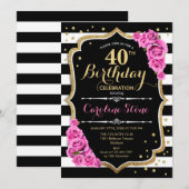 40e verjaardag uitnodiging Roze Zwart Wit Strepen (Voorkant / Achterkant)