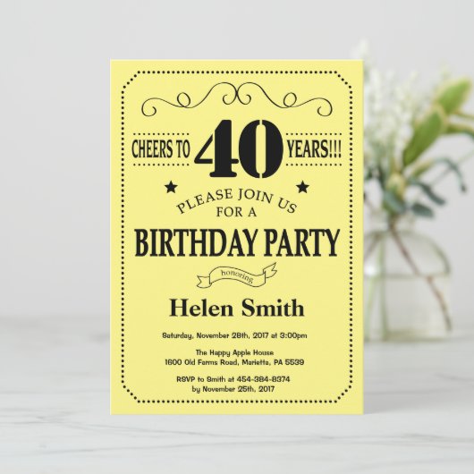 40e verjaardag Uitnodiging zwart-geel (Staand voorkant)