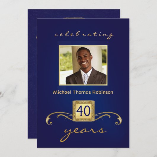 40e verjaardag Uitnodigingen - Monogram blauw & go (Voorkant / Achterkant)