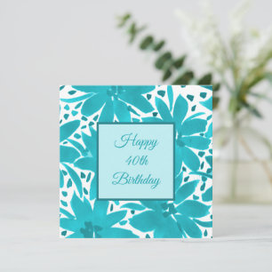 40e verjaardag Waterverf Turquoise Blue Flowers  Kaart