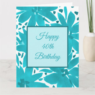 40e verjaardag Waterverf Turquoise Blue Flowers Kaart