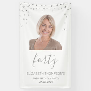 40e verjaardag White Silver Confetti Photo Spandoek