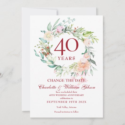 40e verjaardag Wijzig de datum Rozen Guirlande Kaart (Voorkant)