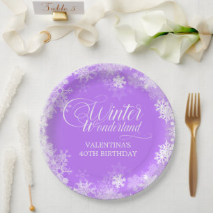 40e Verjaardag Winter Wonderland Sneeuwvlok Paarse Papieren Bordje