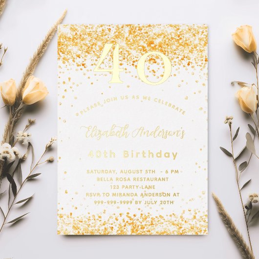 40e verjaardag wit goud glitter luxe folie uitnodiging