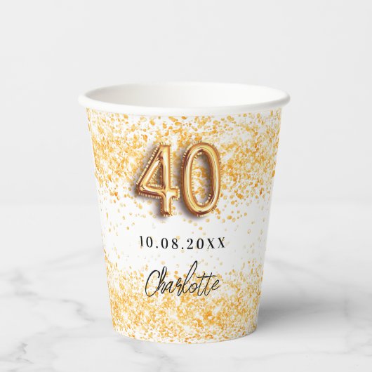 40e verjaardag witte goudglitter naam papieren bekers (Voorkant)
