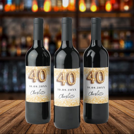 40e verjaardag witte goudglitter naam wijn etiket