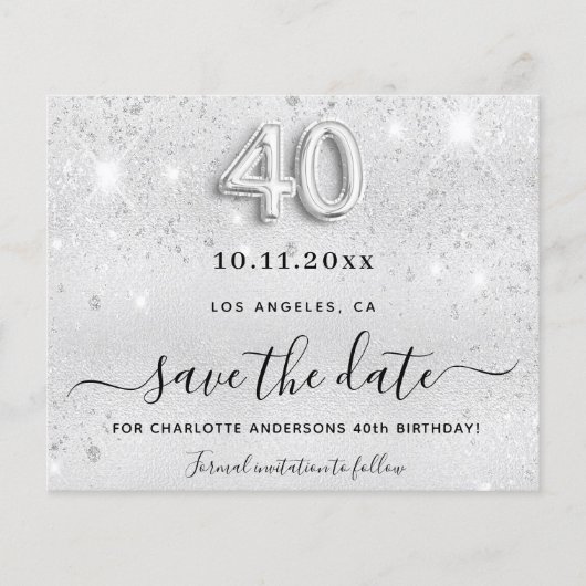 40e verjaardag zilveren glitters save the date flyer (Voorkant)