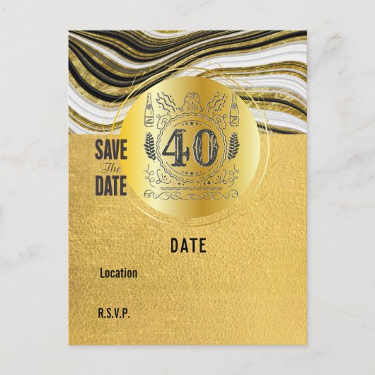 40e verjaardag zwart en goudmatig sparen de Datum Briefkaart (Voorkant)
