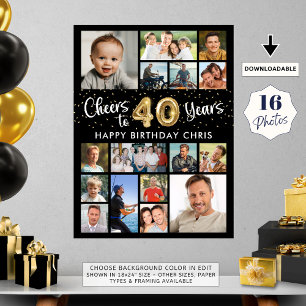 40e Verjaardag Zwart Goud 16 Foto Hoera voor Jaren Poster