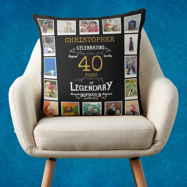 40e verjaardag zwart goud foto collage kussen (Personalized 40th birthday gift throw pillow with 16 photos of your choice.)