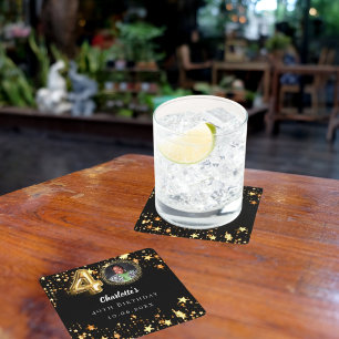 40e verjaardag zwart goud sterren foto vierkante kartonnen onderzetter